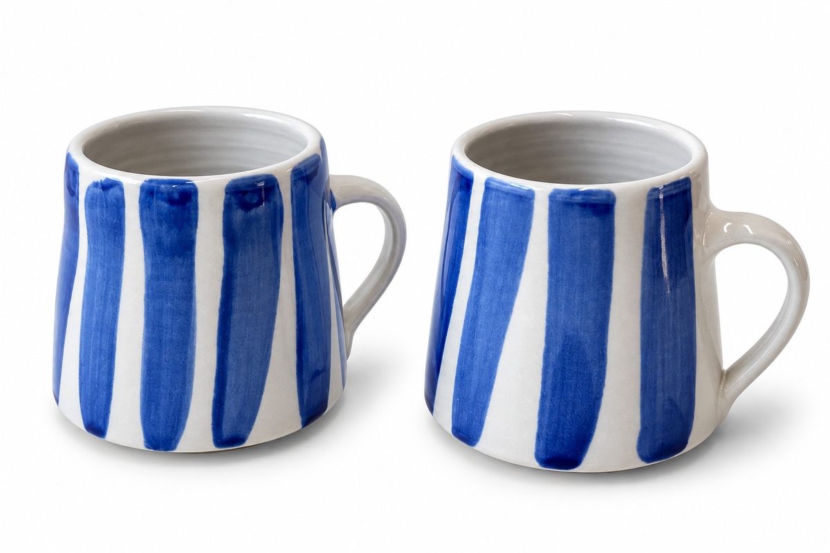 Stoneware mug set - blue stripes