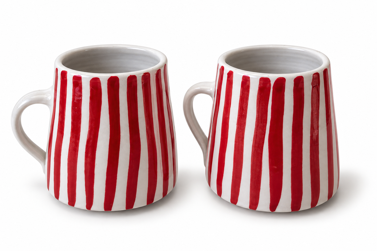 Stoneware mug set - red stripes