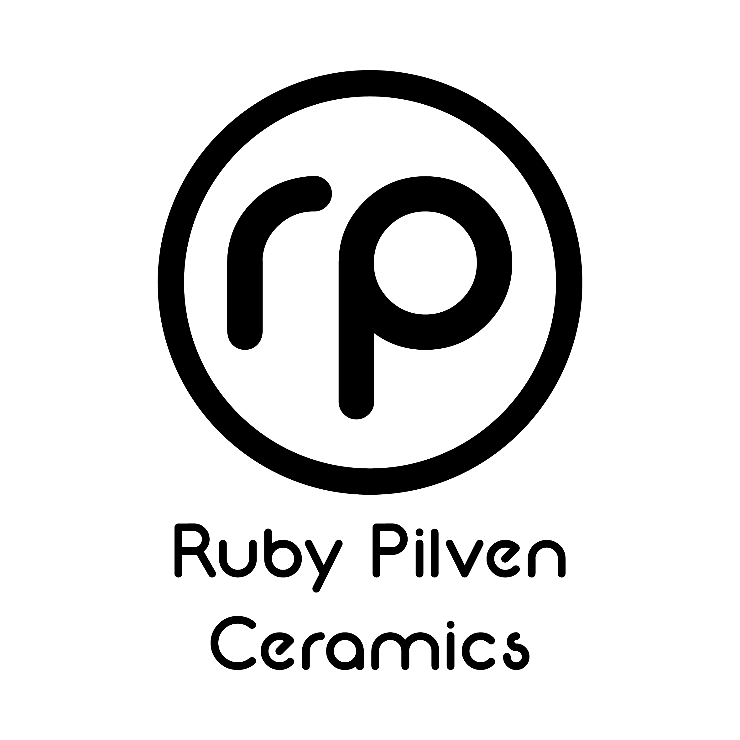 Logo of Ruby Pilven Ceramics with a stylized 'rp' in a circle on a white background.